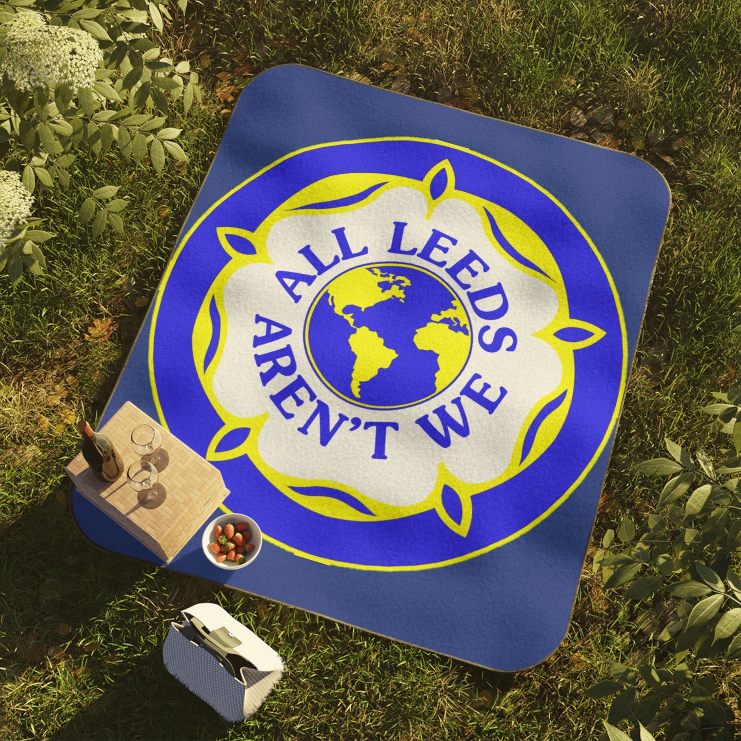 LUFC “All Leeds Aren’t We” Picnic  Blanket: Bold Fan Motto Design