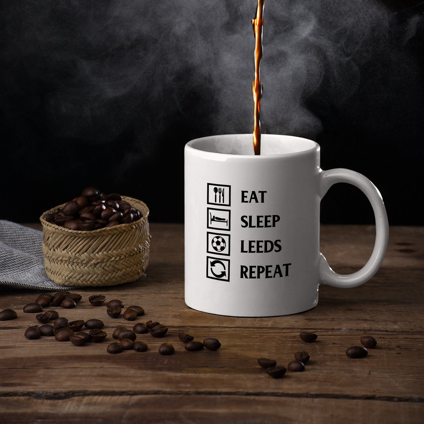 Printed Eat, Sleep, Leeds United, Repeat LUFC mug in white white