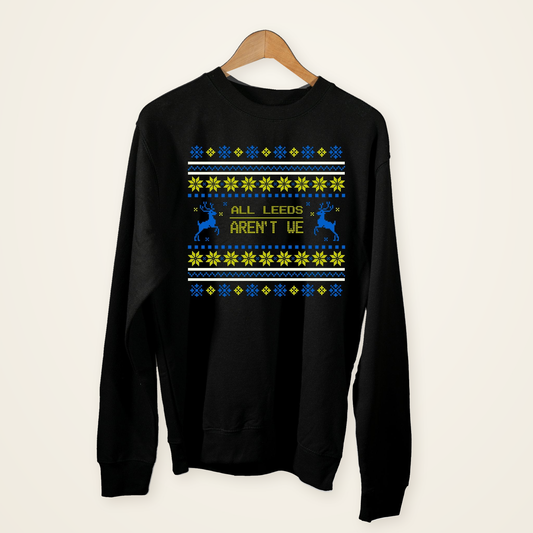 Leeds United Christmas Jumper All Leeds Aren't We Jumper for Men in Yellow & Blue - Lufcnews.co.uk